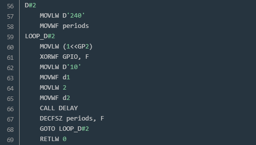 Code in lines 56-69 contain the same code but for the note D#2 with its values of “periods”, “d1” and “d2”. Code in lines 56-69 contain the same code but for the note D#2 with its values of “periods”, “d1” and “d2”.