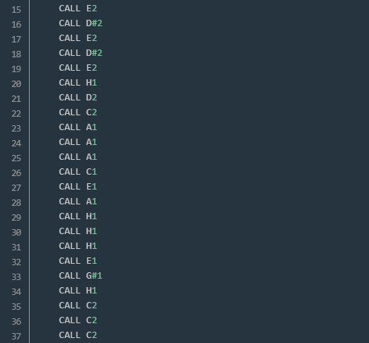 Code in lines 15 to 37 we just call the subroutines that play notes according to the list of the 23 notes, written above. Code in lines 15 to 37 we just call the subroutines that play notes according to the list of the 23 notes, written above.