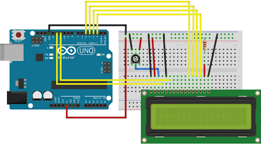 Figure 2 - Connections of the Serial Display project (<a href="https://www.arduino.cc/wiki/static/7d7b6e99f40c7e55f2e9c6175c6db5b5/5a190/LCD_Base_bb_Fritz.png" target="_blank">Source</a>)