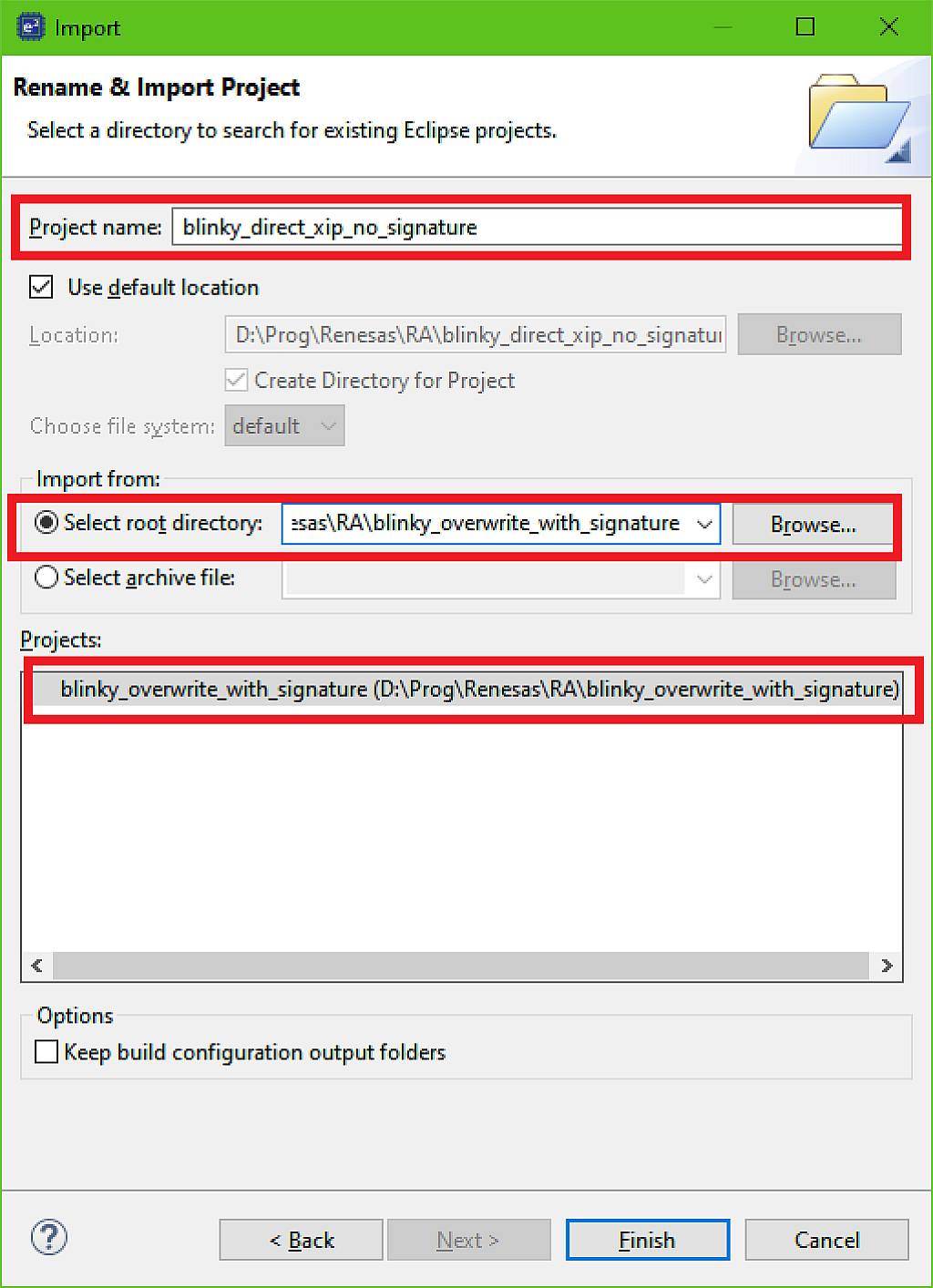 Importing and renaming the user’s application project Importing and renaming the user’s application project