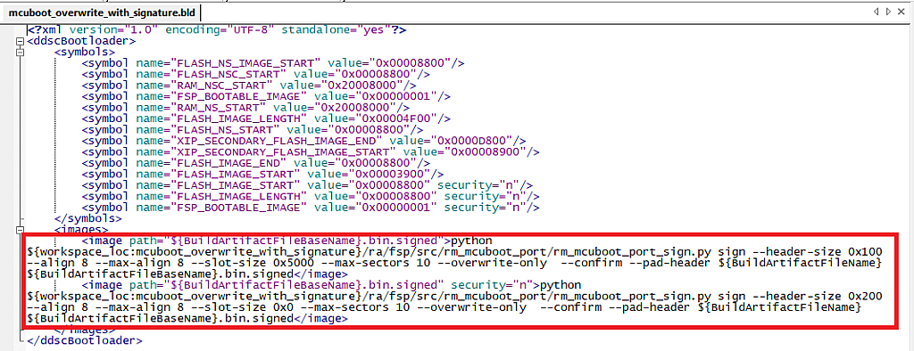 Figure 32 - Signing commands in the “.bld” file Figure 32 - Signing commands in the “.bld” file