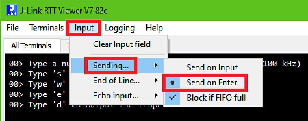 Changing the “Sending” options of the RTT Viewer Changing the “Sending” options of the RTT Viewer
