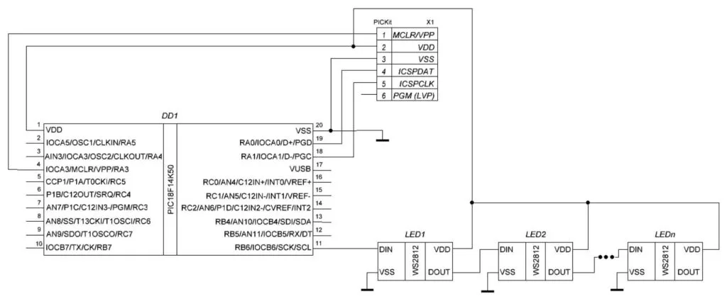 Figure 8 - Schematics Diagram with the PIC18F14K50 with WS2812B LEDs Figure 8 - Schematics Diagram with the PIC18F14K50 with WS2812B LEDs