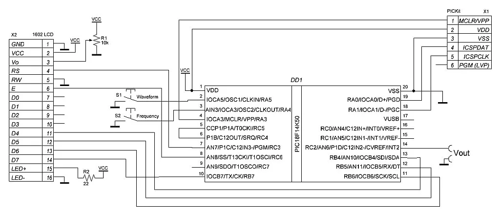 Figure 2 - Schematic diagram with the PIC18F14K50 with 1602 character LCD Figure 2 - Schematic diagram with the PIC18F14K50 with 1602 character LCD
