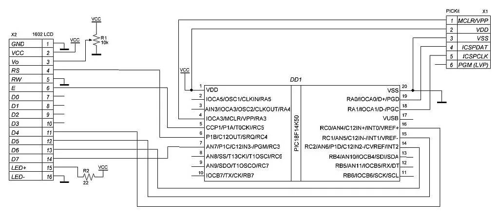 Schematics diagram with the PIC18F14K50 with 1602 LCD Schematics diagram with the PIC18F14K50 with 1602 LCD