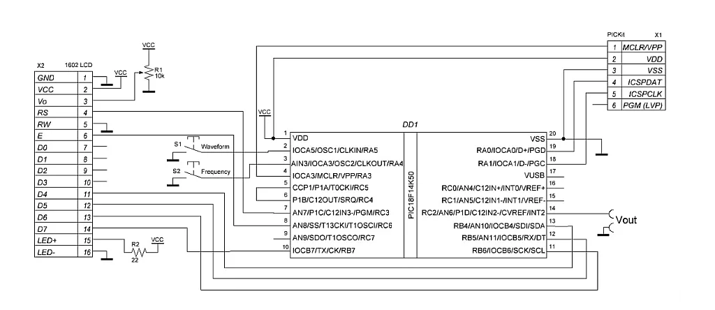 Figure 2 - Schematic diagram with the PIC18F14K50 with 1602 character LCD Figure 2 - Schematic diagram with the PIC18F14K50 with 1602 character LCD