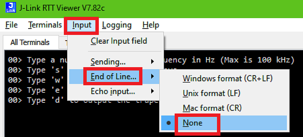 Changing the “End of Line” options of the RTT Viewer Changing the “End of Line” options of the RTT Viewer