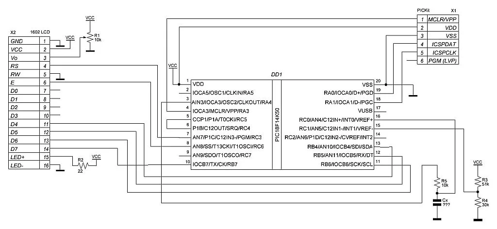 Figure 1 - Schematic diagram with the PIC18F14K50 with 1602-character LCD and the capacitance measurement circuit Figure 1 - Schematic diagram with the PIC18F14K50 with 1602-character LCD and the capacitance measurement circuit