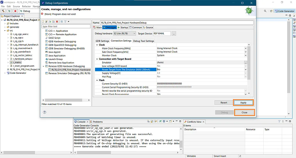 Figure 44. Applying changes in the Debug Configurations. Figure 44. Applying changes in the Debug Configurations.