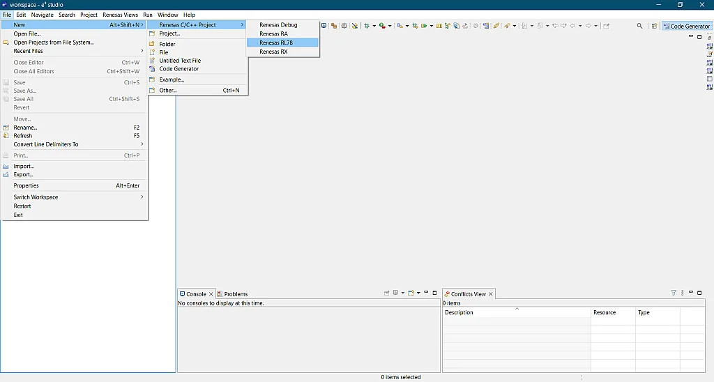 Create project RL78 Create project RL78