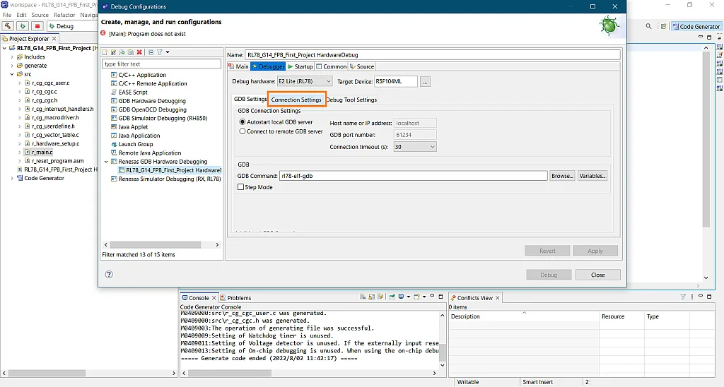 Figure 42. Debugger Connection Settings. Figure 42. Debugger Connection Settings.