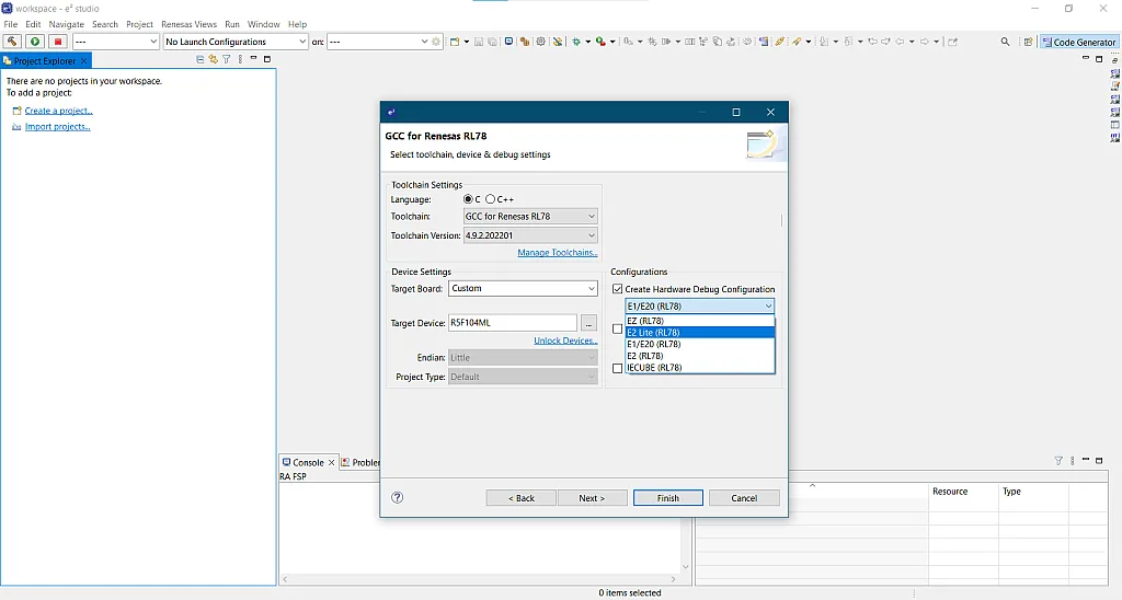 Figure 28. Selecting the E2 Lite Emulator. Figure 28. Selecting the E2 Lite Emulator.