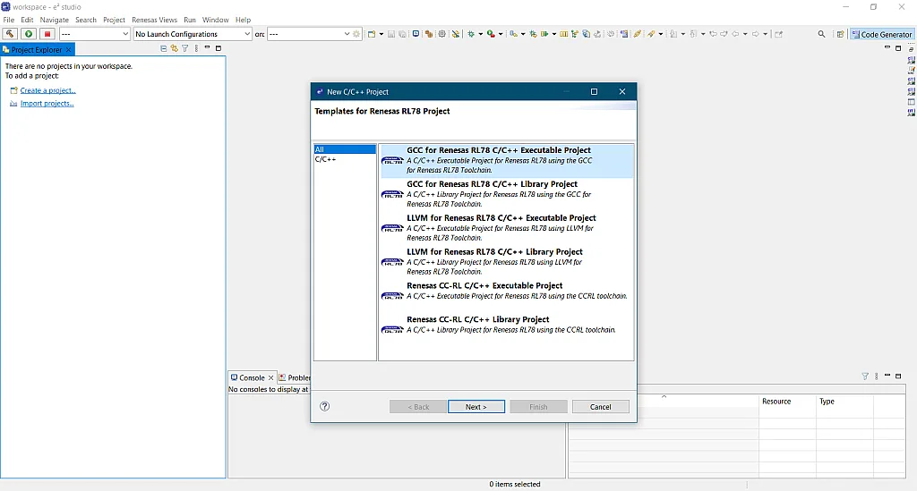 Selecting template RL78 Selecting template RL78