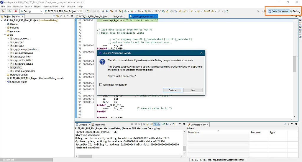Figure 49. Switch to Debug Perspective. Figure 49. Switch to Debug Perspective.