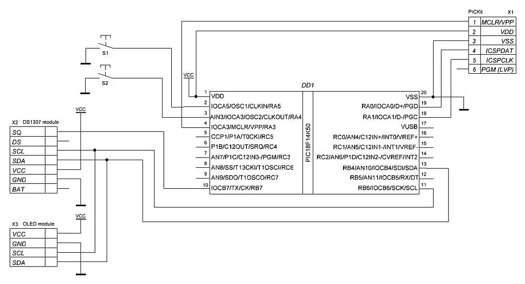 Schematic diagram with the PIC18F14K50 with DS1307 and OLED modules Schematic diagram with the PIC18F14K50 with DS1307 and OLED modules