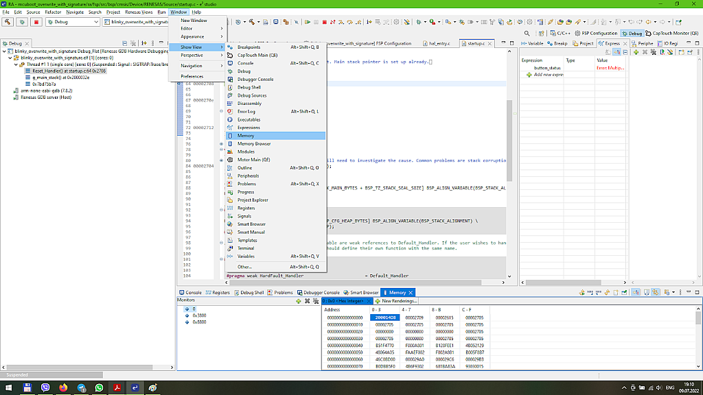 Figure 47 - Opening the Memory window Figure 47 - Opening the Memory window