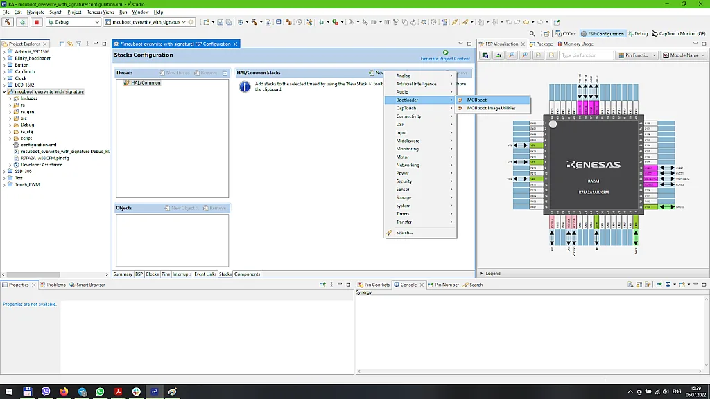 Figure 5 - Adding the MCUboot stack Figure 5 - Adding the MCUboot stack