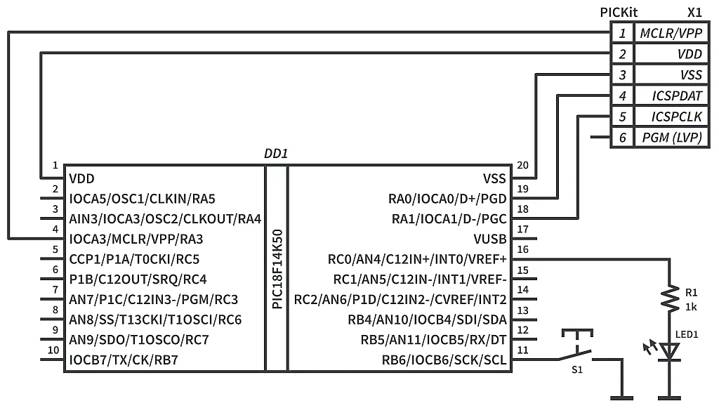 Figure 1 - Schematics diagram with the PIC18F14K50 with button and LED Figure 1 - Schematics diagram with the PIC18F14K50 with button and LED