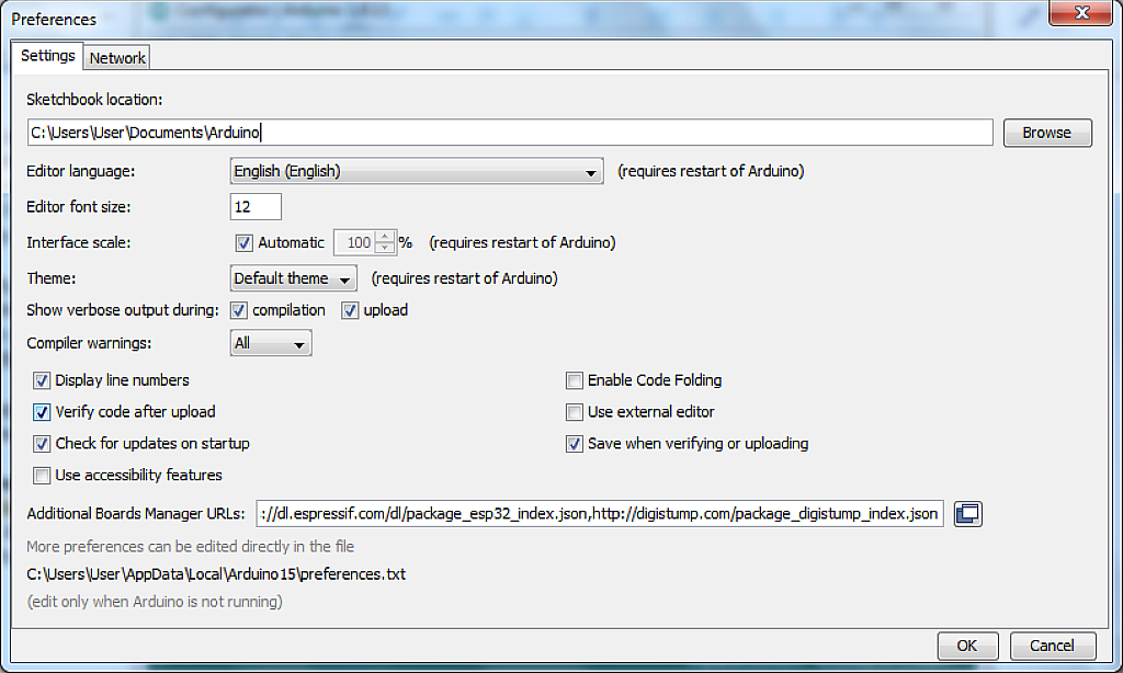 Arduino IDE “Preferences” Window Arduino IDE “Preferences” Window