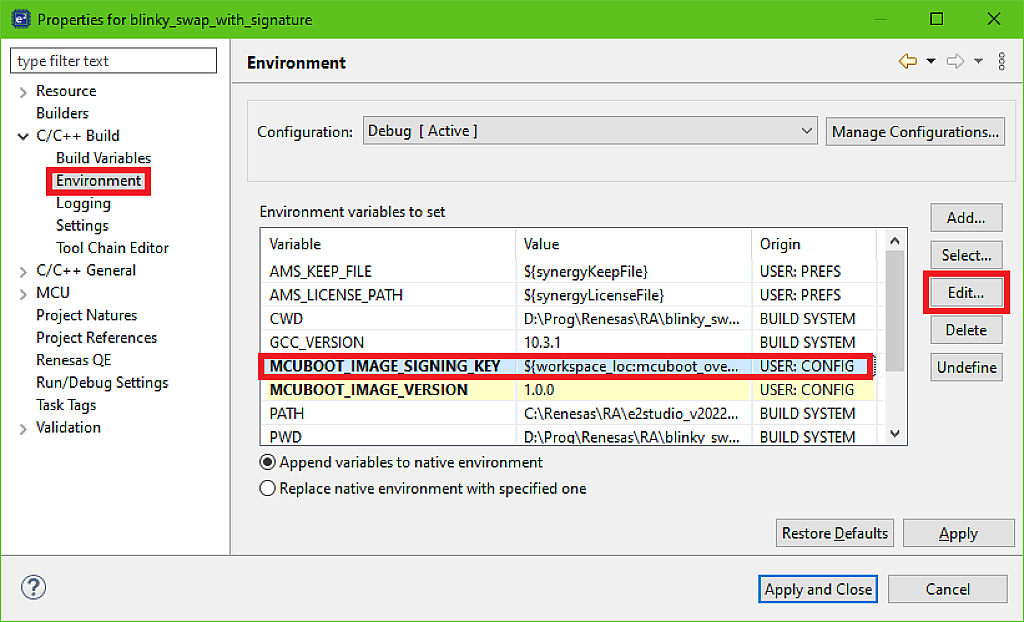 Figure 9 - Editing the “MCUBOOT_IMAGE_SIGNING_KEY” variable Figure 9 - Editing the “MCUBOOT_IMAGE_SIGNING_KEY” variable