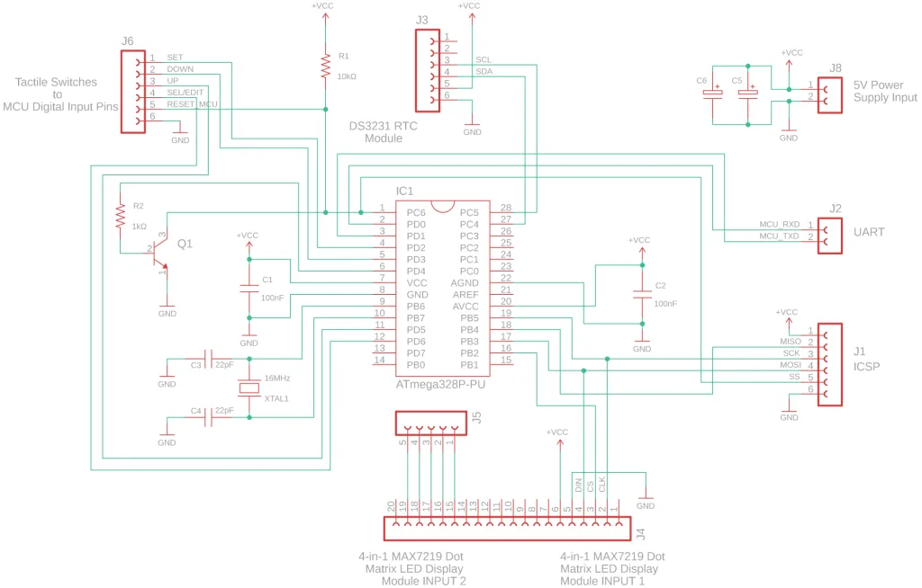 Dot Matrix LED Display Digital Clock MCU PCB Schematic Diagram Dot Matrix LED Display Digital Clock MCU PCB Schematic Diagram