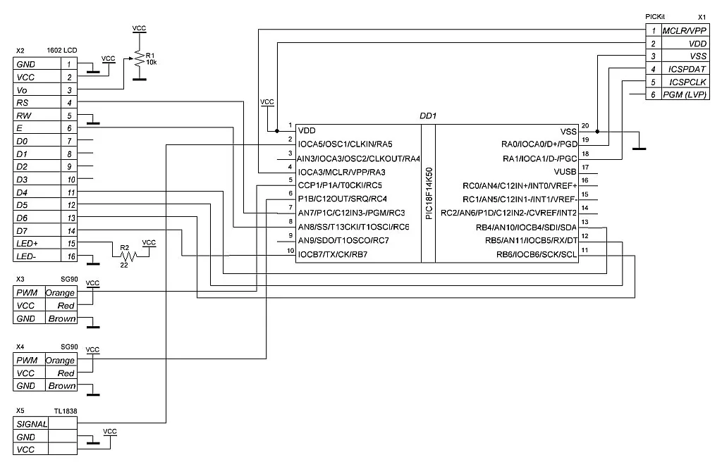 Figure 11 - Schematic diagram with the PIC18F14K50 with 1602 character LCD, servo motors and IR receiver Figure 11 - Schematic diagram with the PIC18F14K50 with 1602 character LCD, servo motors and IR receiver