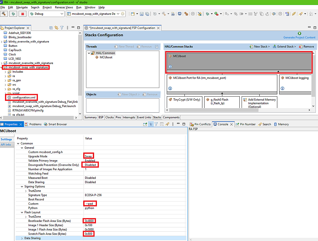Figure 4 - Properties of the “MCUboot” stack Figure 4 - Properties of the “MCUboot” stack