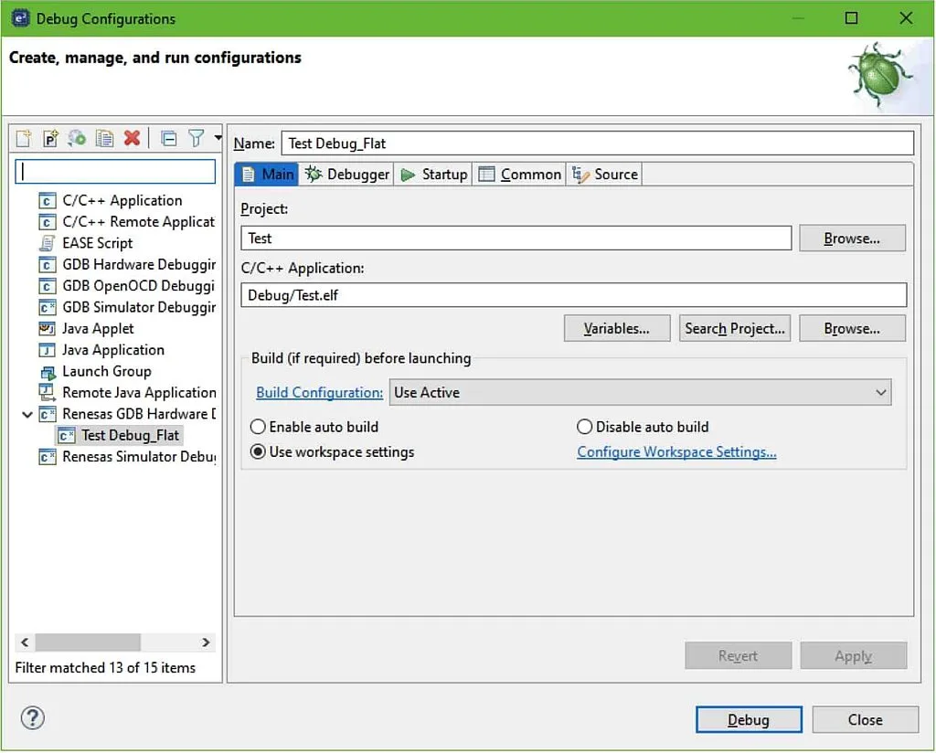 Figure 13 - Debug Configuration Window Figure 13 - Debug Configuration Window