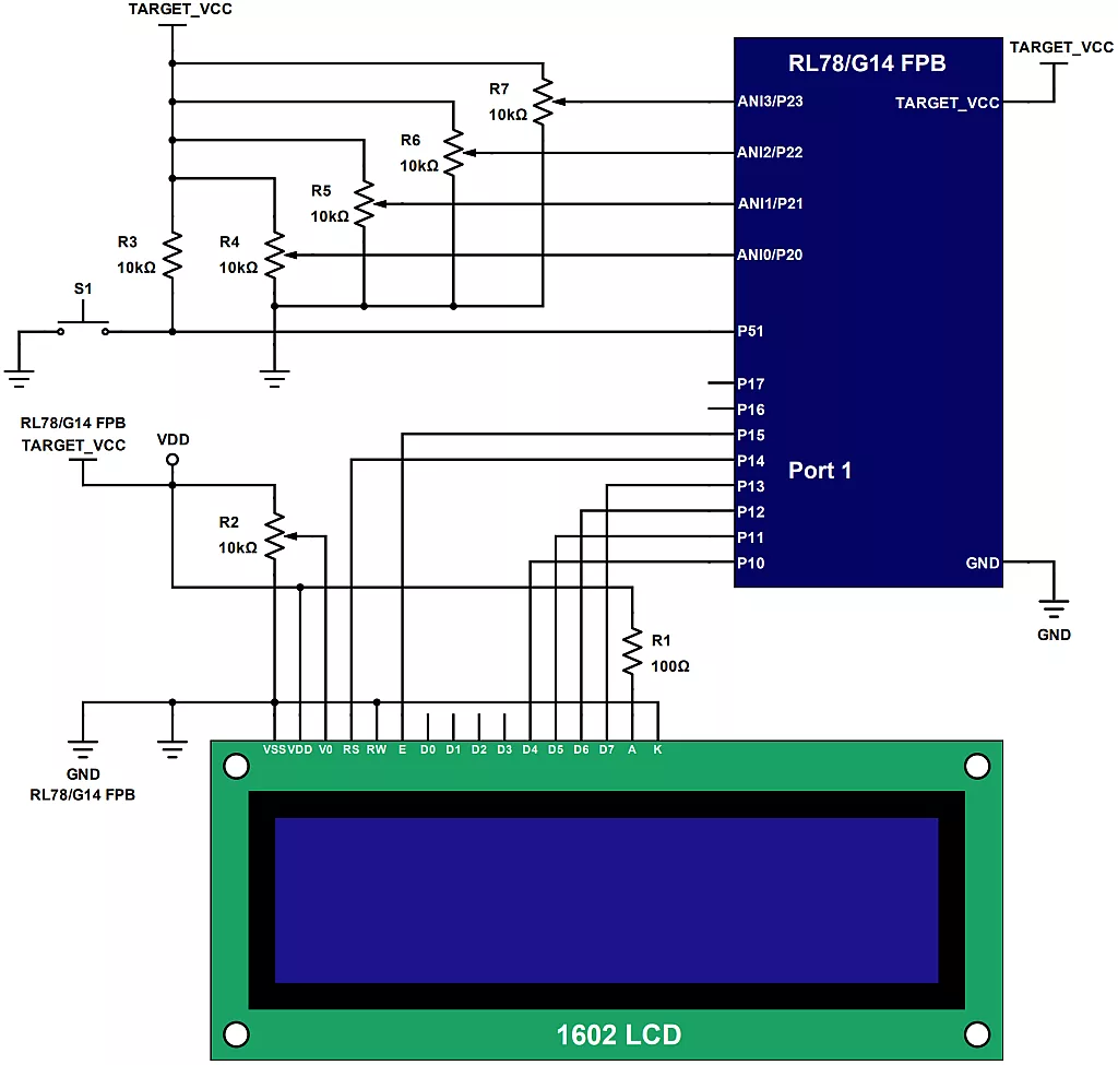RL78/G14 ADC Software Trigger Conversion Mode Examples Schematic Diagram. RL78/G14 ADC Software Trigger Conversion Mode Examples Schematic Diagram.